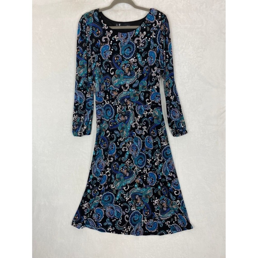 Leslie Fay Women's Fit & Flare Black Paisley Long Sleeve Dress Size 14 Career